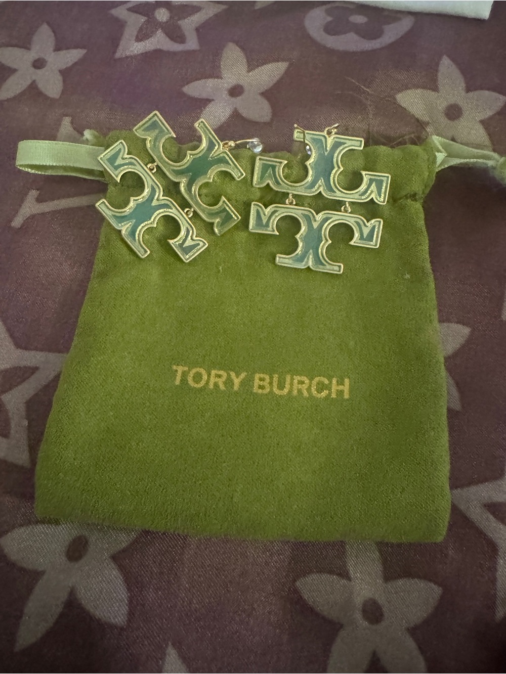 Tory Burch Green Enamel Double-T Logo Drop Earrings